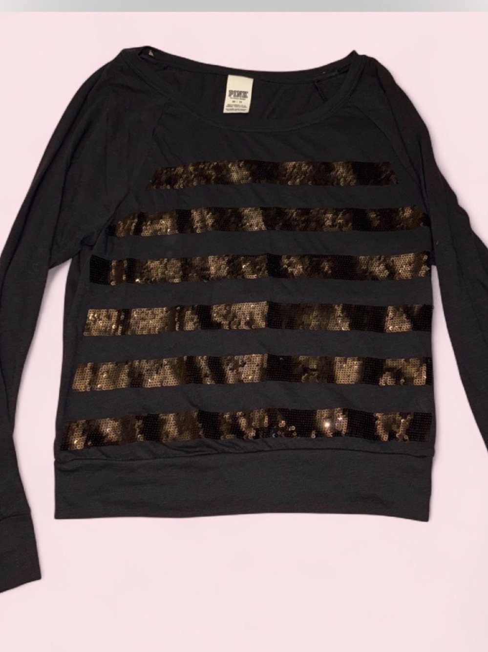 PINK Victoria's Secret Black Long-Sleeve Top with Black Sequin Stripes